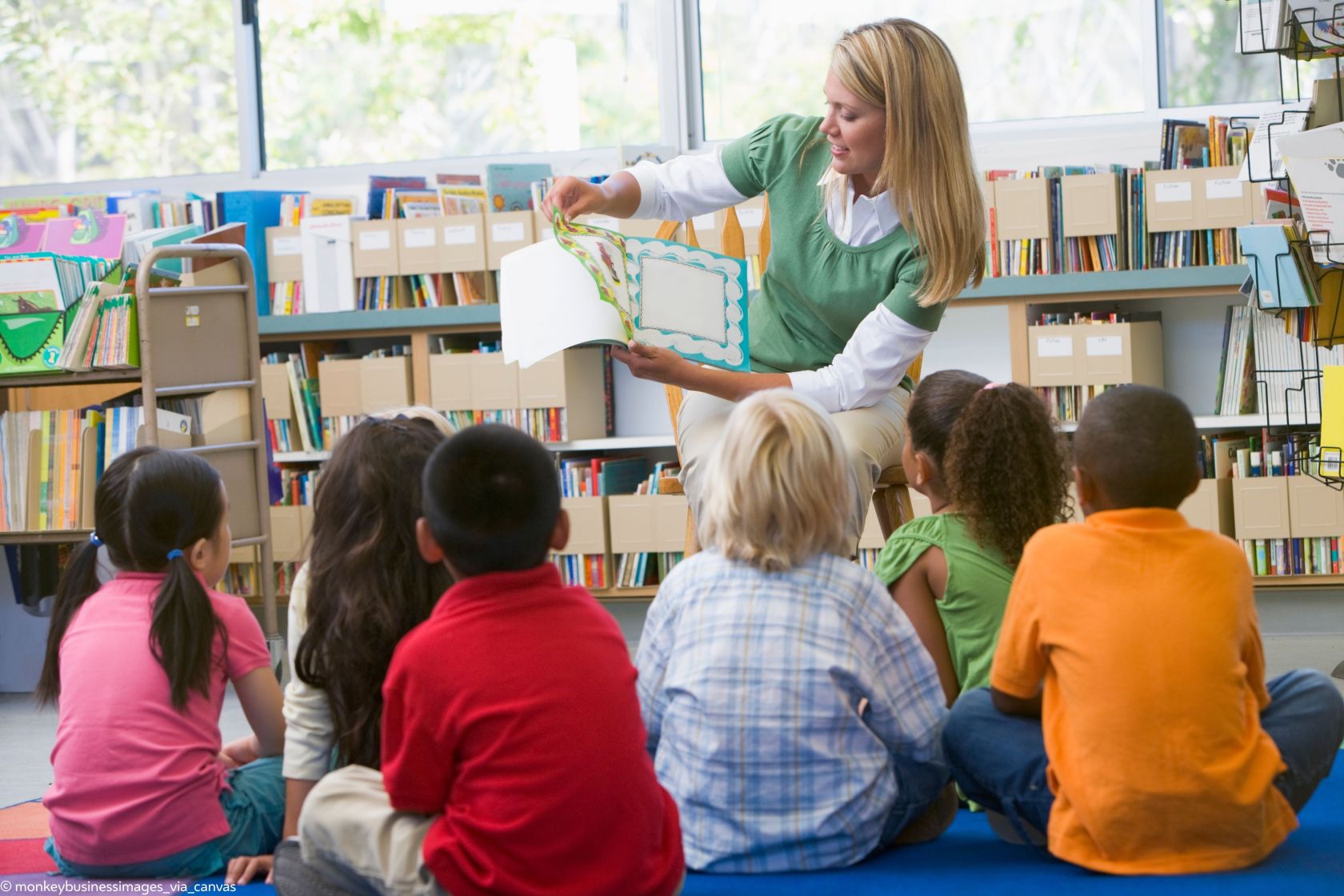 Eine Elementarpädagogin zeigt einer Gruppe aus Kindern ein Buch und liest daraus vor.