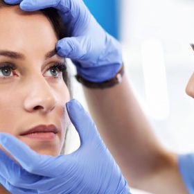 Orthoptikerin untersucht die Augen einer jungen Frau.