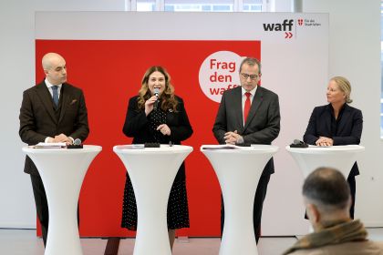 Pressekonferenz - Optimismus für den Arbeitsmarkt - mit Barbara Novak, Stadträtin für Finanzen, Wirtschaft, Arbeit, Internationales und Digitales, Christian Meidlinger, Vorstandsvorsitzender waff, Maria In der Maur-Koenne, Vorstandmitglied waff, und Marko Miloradović, Geschäftsführer waff.